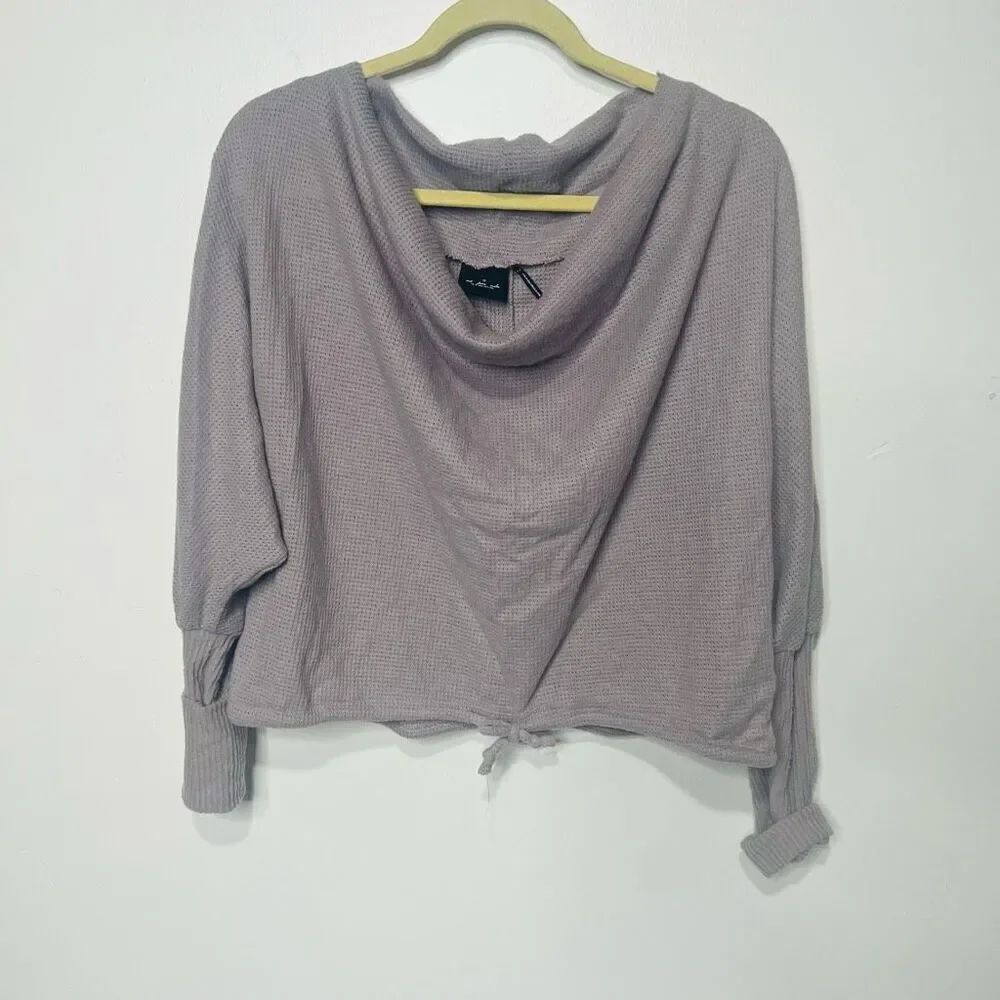 Out from Under Waffle Slouch Neck Crop Knit Top Sz M Gray/Taupe